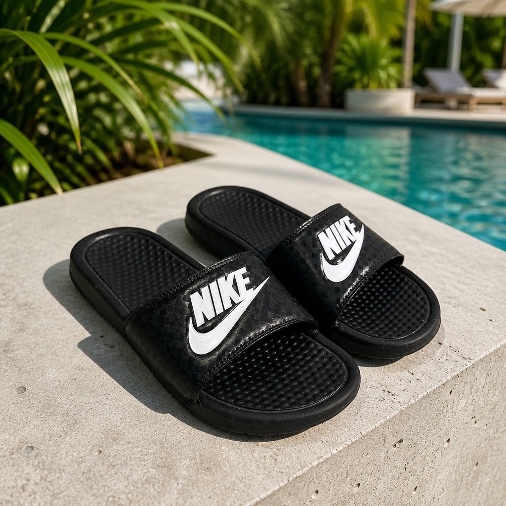 Nike Benassi JDI Slides Womens 8 Black White Checkered Strap Athletic Sandals